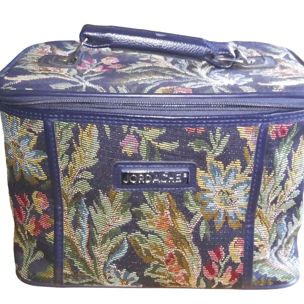 VTG Jordache Floral Tapestry Makeup Bag Green Leaf Travel Tote with Handle